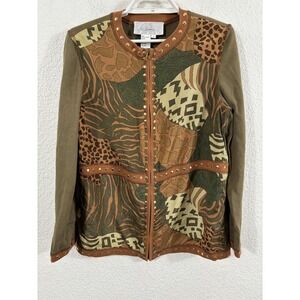 Diane's Essentials Jacket Womens Small Brown Green Animal Print Studded Zip Boho